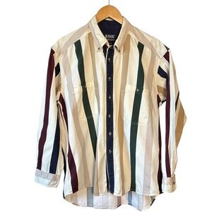 Basic Editions Men's Striped Casual Button Down Shirt - Cream, Green, and Brown